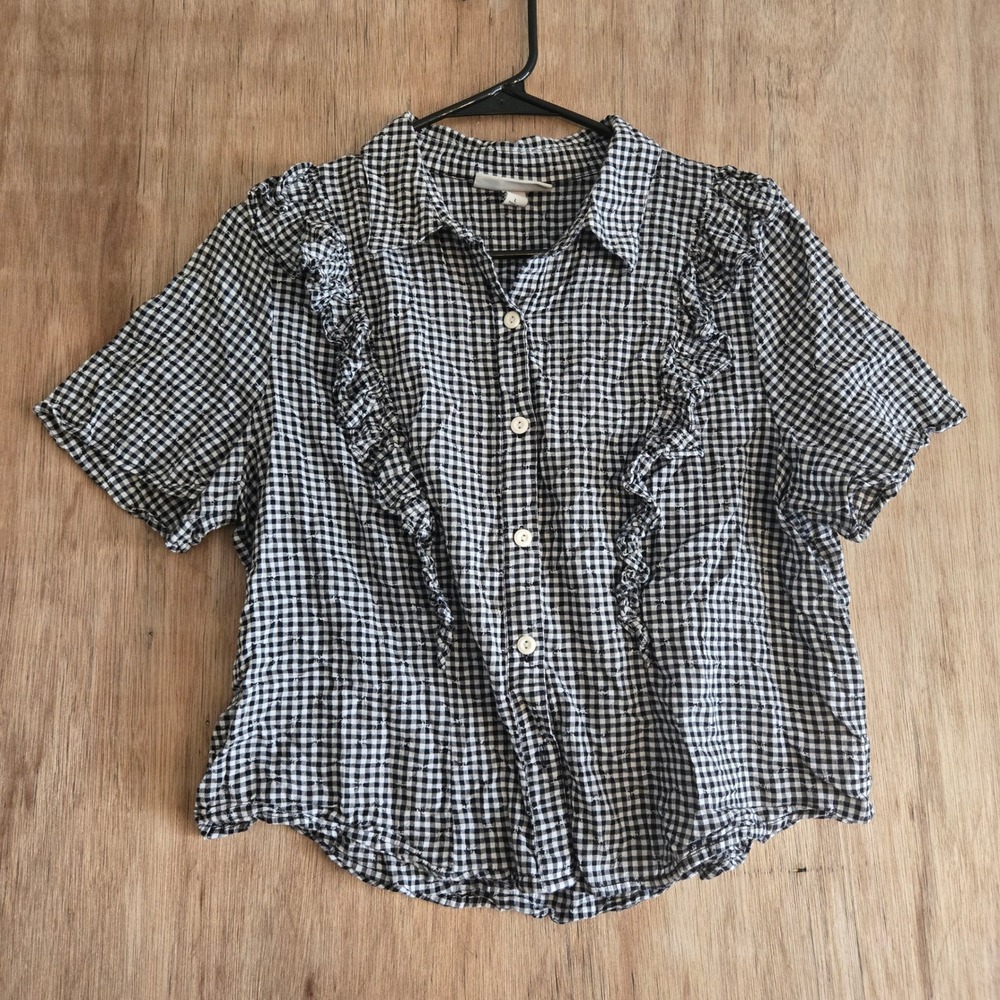 Sandy Liang Cottagecore Farmhouse Ruffle Country Button Down Shirt Black White L